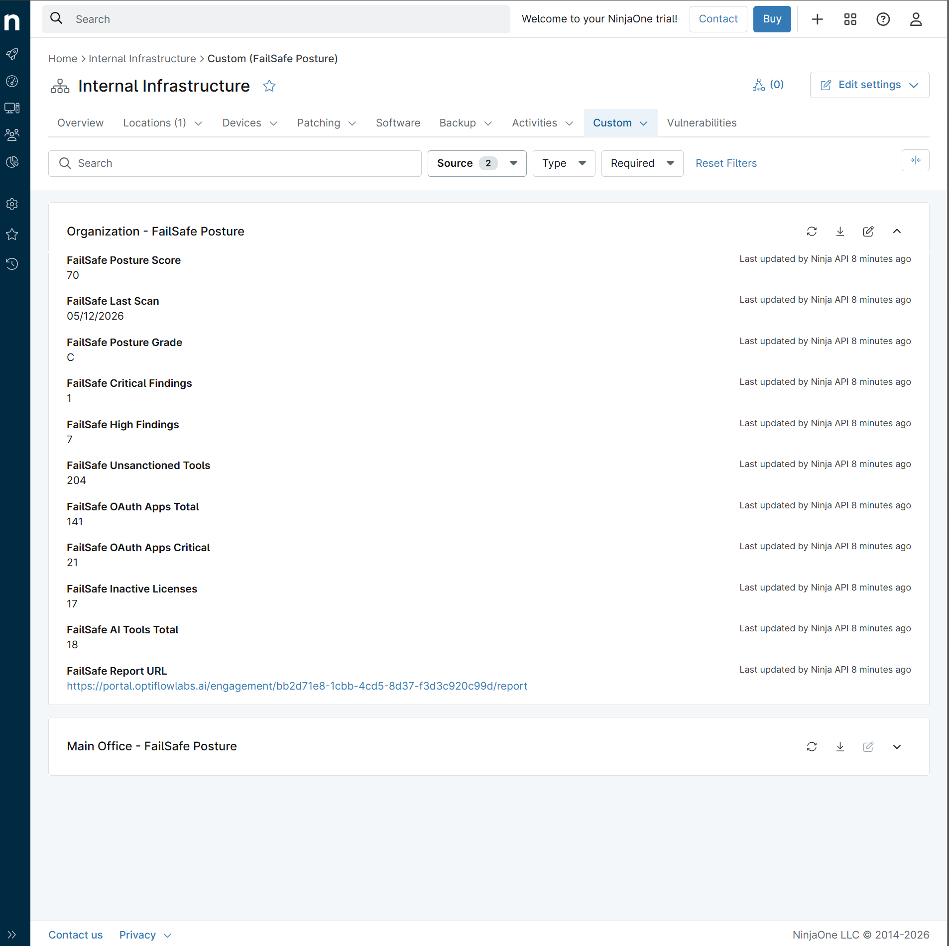 NinjaOne organization Custom tab showing FailSafe Posture fields populated with posture score, finding counts, OAuth risk, and report URL