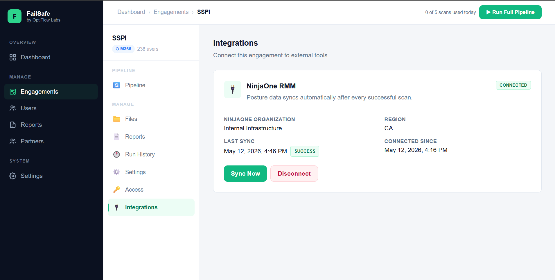 FailSafe portal Integrations tab showing connected NinjaOne integration with successful sync status